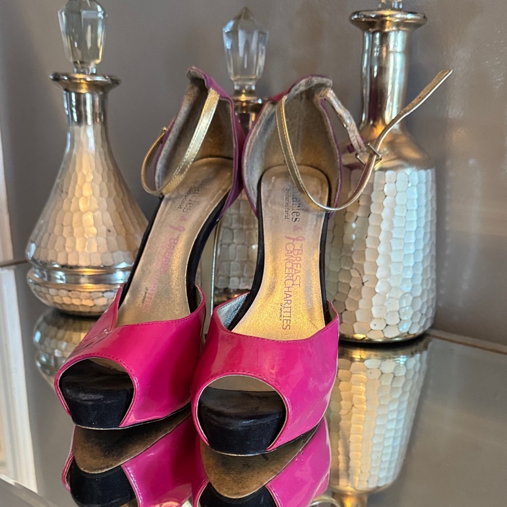 Charles David Breast Cancer Charity Pink Patent Leather and Suede Peep Toe Heel